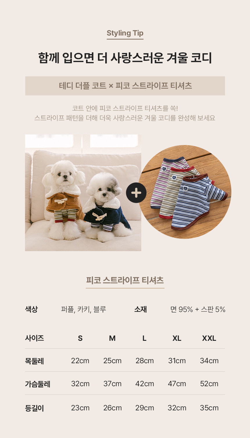 강아지 겨울옷의 사이즈별 목둘레와 가슴둘레 측정 가이드